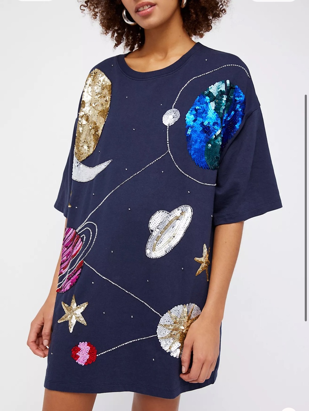 FREE PEOPLE Beyond Infinity Sequin Beaded Moon Planets Stars Tee Shirt Dress L